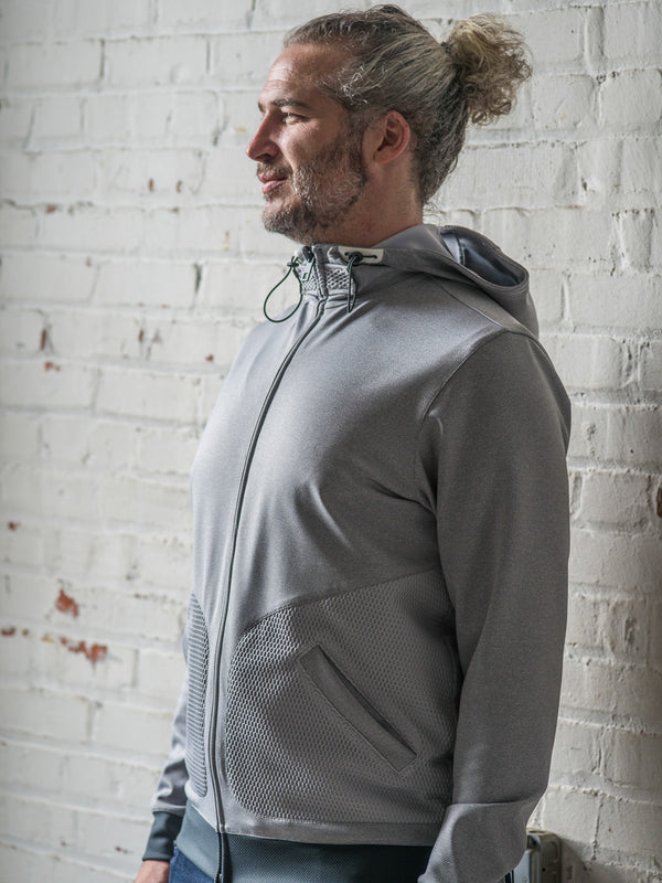 men's performance hoodie with moisture wicking, Japanese trims, stretch, made in small batches in the USA