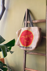 Tote bag crafted from repurposed burlap coffee bags