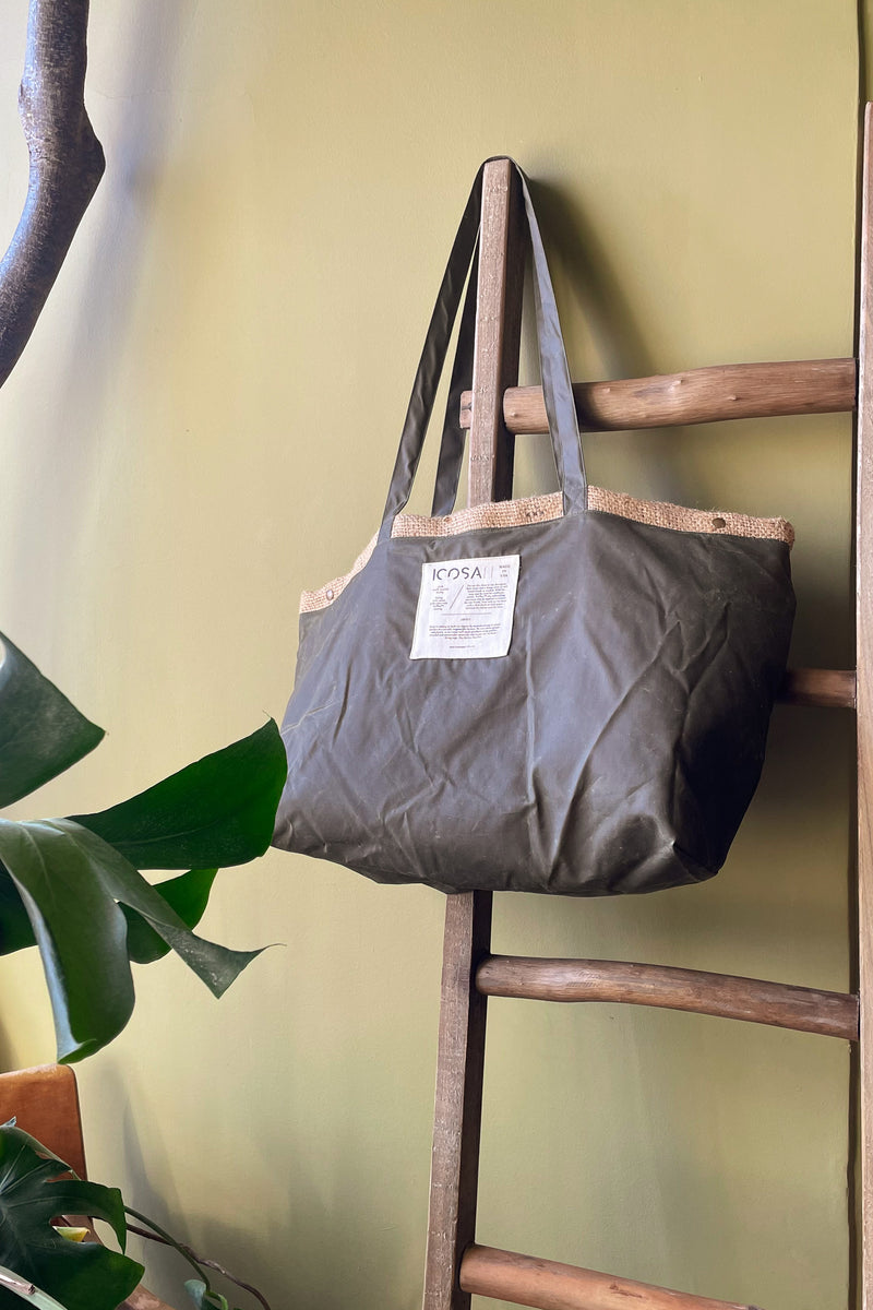 Tote bag with water resistant TexWax olive colored lining